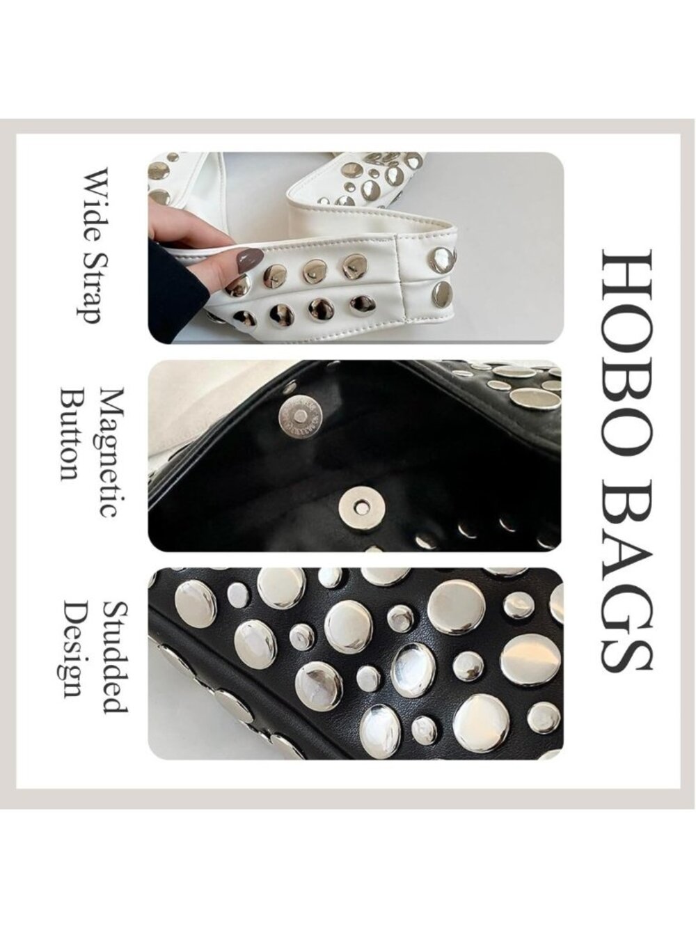 Punk-Inspired Studded HOBO Bag Luxury Trendy Chic Shoulder Handbag PU Leather - Picture 4 of 7